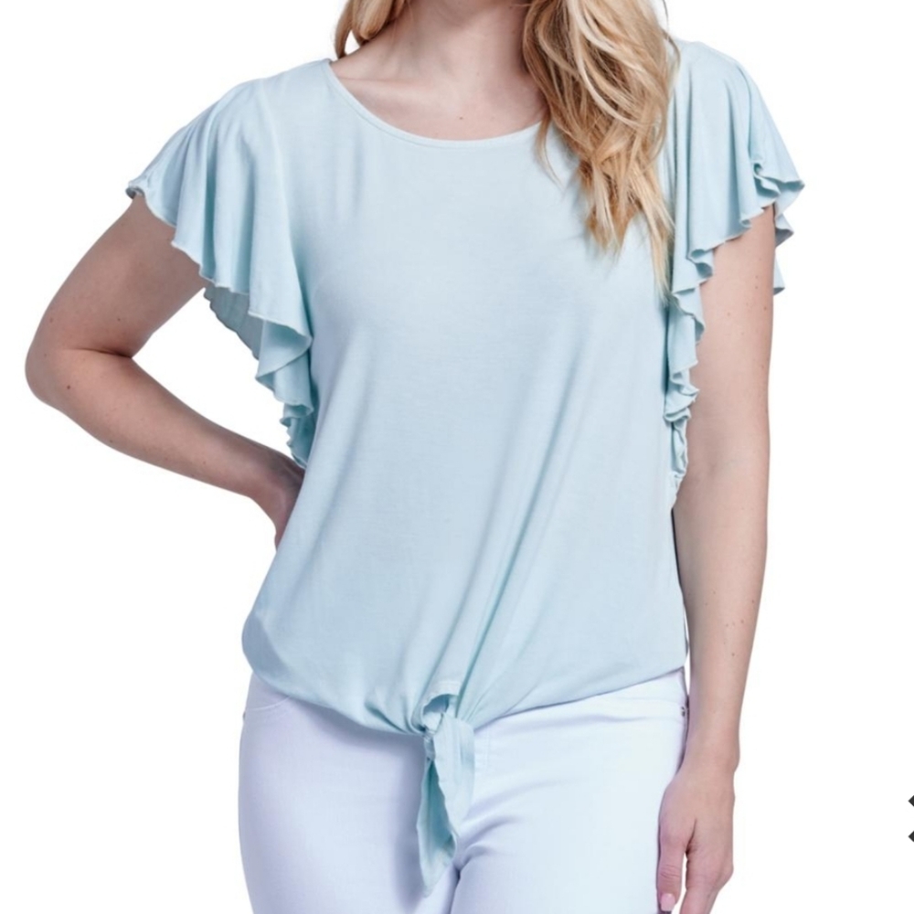 Seven 7 Women's Size Small Blouse Top Shirt Flutter Sleeve Tie Front Light Blue